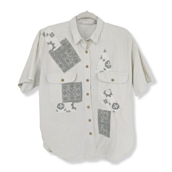 Red Rover Button Up Shirt Linen Cotton Blend Bandana Floral Patches Large L - Picture 1 of 9